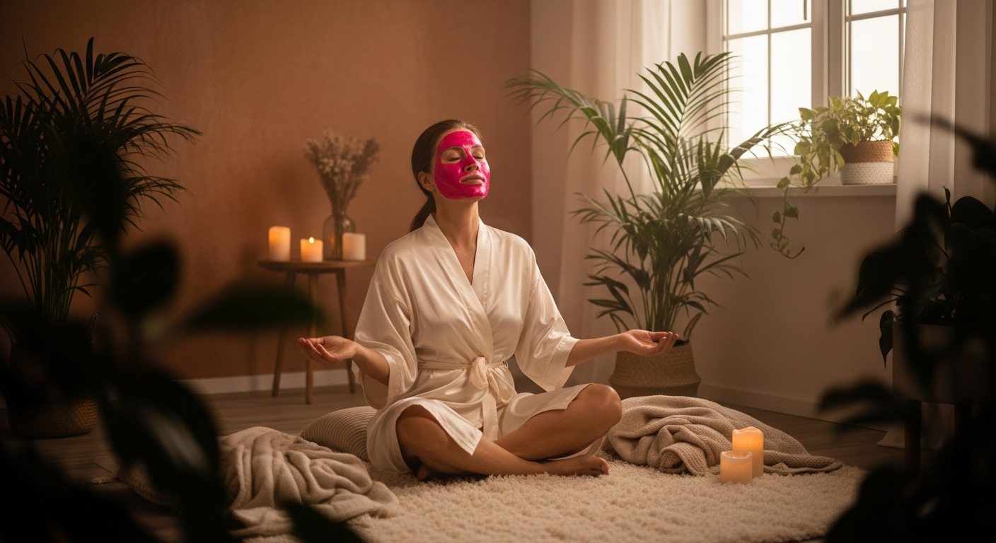 Mujer descansando con mascarilla facial