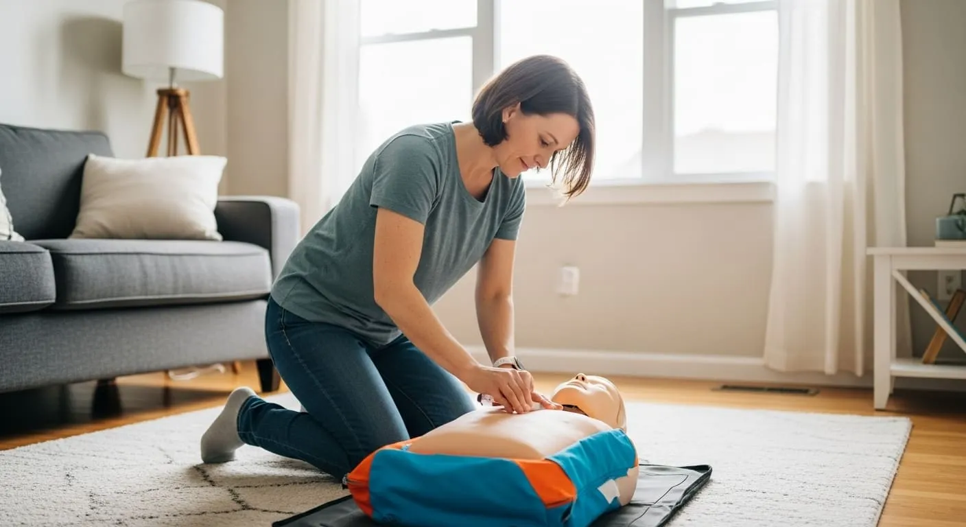 Persona practicando primeros auxilios en casa