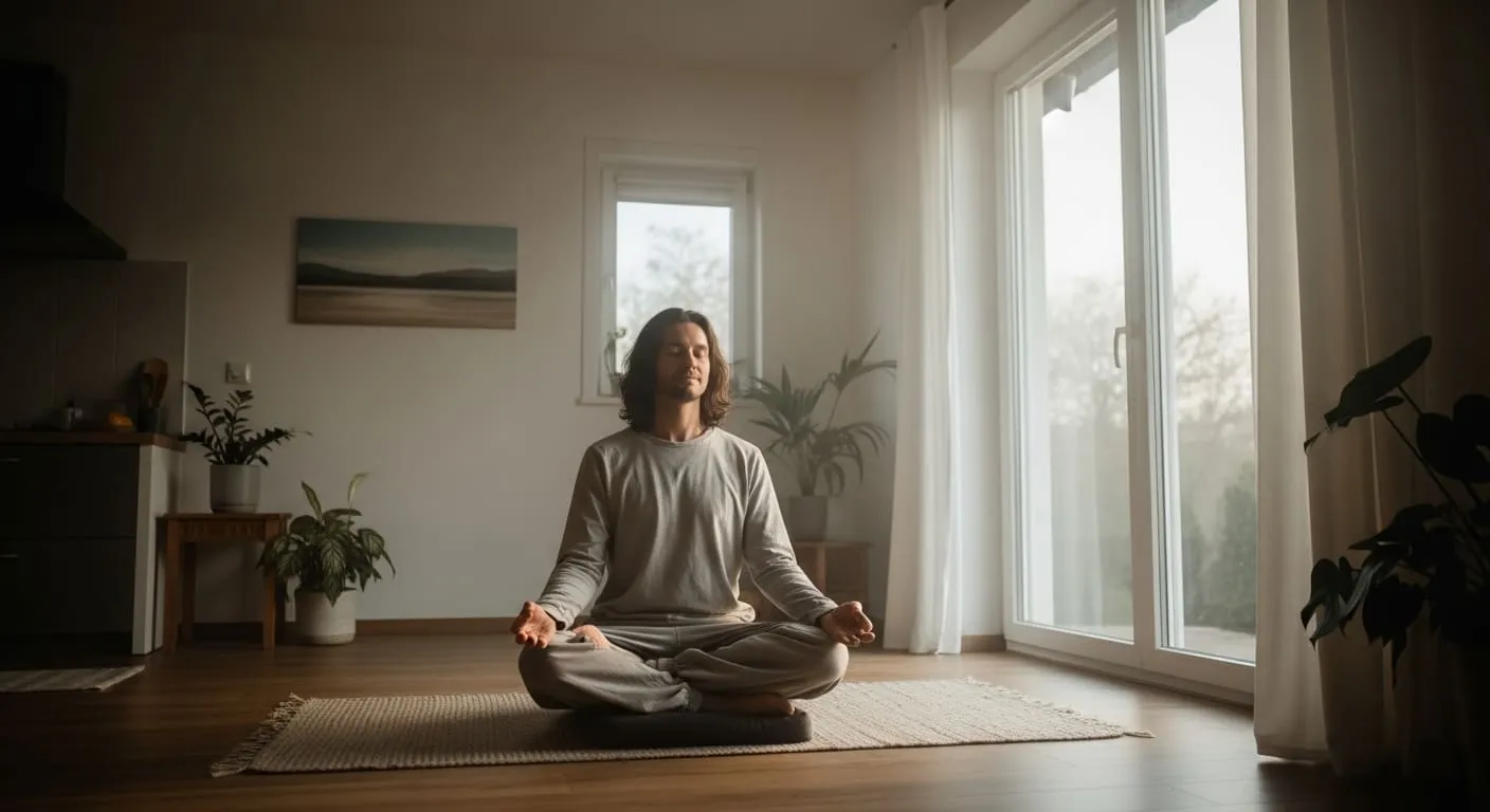 Persona meditando en casa al amanecer, con luz suave entrando por la ventana.