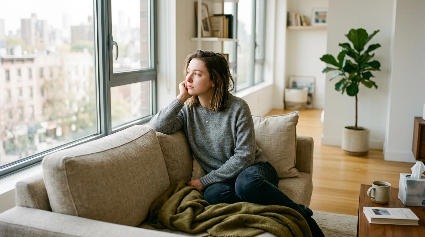 Mujer joven leyendo sobre remedios naturales mientras sostiene una taza caliente en casa.
